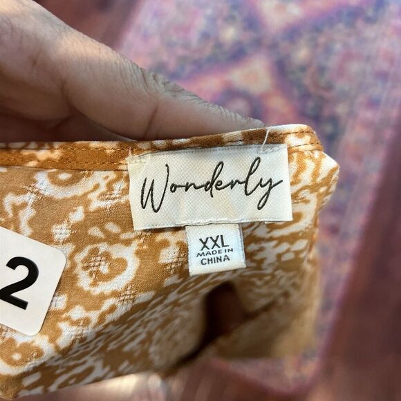 Wonderly Orange Geometric Top XXL Short Sleeve Blouse V Neck Boho Peasant Tie - Picture 8 of 9